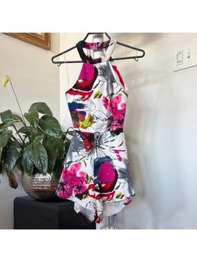 Floral Halter Open Back Romper/Jumpsuit Sz S White Pink summer cruise vacation